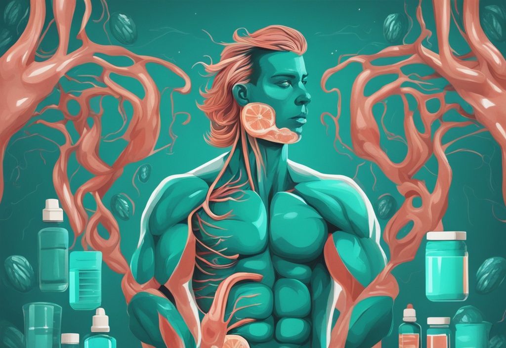 Moderne digitale Malerei mit Teal-Farbschema, verschiedene Vitaminpräparate um eine stilisierte menschliche Figur, die Muskeln und Nerven hervorhebt