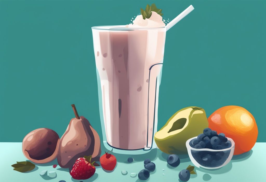 Moderne digitale Illustration der Zubereitung eines Proteinshakes mit Mixer, Proteinpulver, Früchten, Milch und fertigem Shake in einem Glas, Hauptfarbe: Türkis.