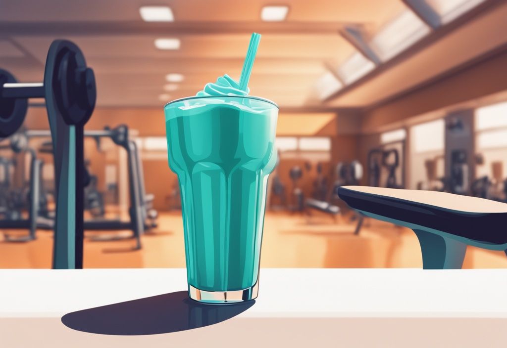 Nahaufnahme eines cremigen Proteinshakes in einem hohen Glas vor einem Fitnessstudio-Hintergrund, moderne digitale Malerei, Hauptfarbthema: Türkis