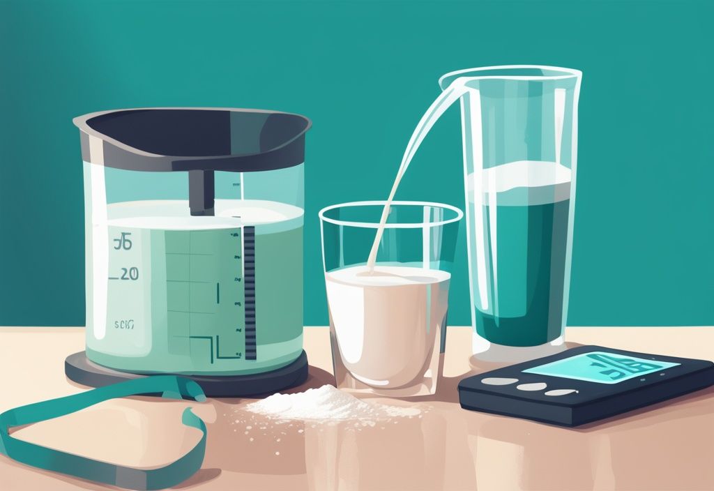 Moderne digitale Malerei-Illustration mit Proteinpulver, das in ein Glas Wasser gegossen wird, mit Maßband und digitaler Waage im Hintergrund, Hauptfarbthema ist Türkis