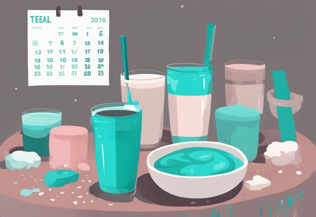 Moderne digitale Illustration mit Kalender und Proteinshake-Intake-Frequenz, Hauptfarbe Türkis