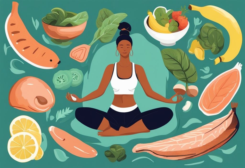 Moderne digitale Malerei mit Teal-Farbschema, die Bananen, Spinat und Lachs sowie eine Person beim Yoga zeigt, symbolisiert gesunde Ernährung und Bewegung für Muskeln und Nerven.