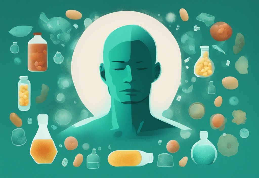 Moderne digitale Illustration in Teal-Tönen, die eine traurige menschliche Silhouette zeigt, umgeben von schwebenden, verblassten Symbolen für Vitamine B, D und Omega-3, die ihren Mangel bei Depressionen symbolisieren, welche Vitamine fehlen bei Depressionen.