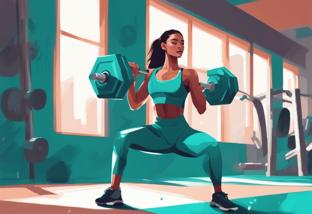 Fitness-Enthusiast macht Seitheben mit Hanteln in gut beleuchtetem Fitnessstudio, moderne digitale Illustration, Hauptfarbe Teal.