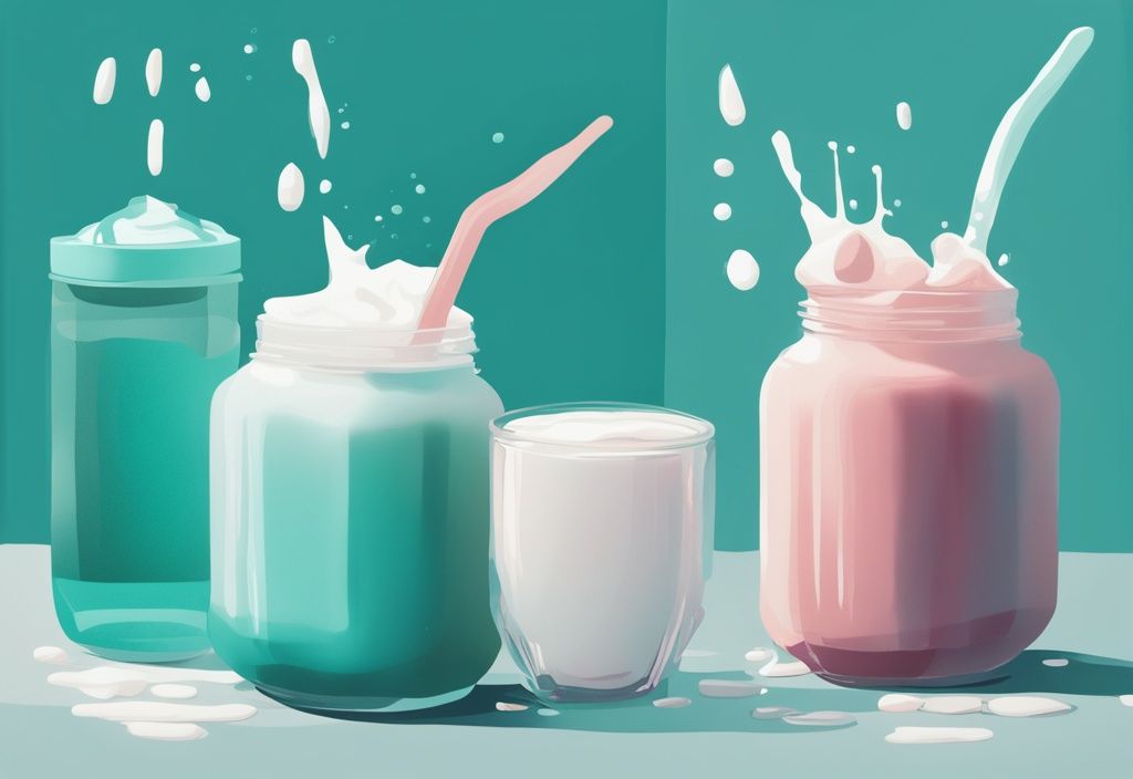 Moderne digitale Illustration von zwei Protein Shakes, einer mit Wasser und der andere mit Milch gemischt, mit sichtbaren Unterschieden in Textur und Farbe. Keyword: was ist besser Protein Shake mit Wasser oder Milch.