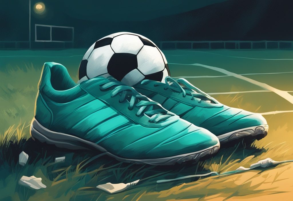 Moderne digitale Malerei mit einem entleerten Fußball und verlassenen Laufschuhen auf einem schwach beleuchteten, leeren Feld, Hauptfarbe Teal