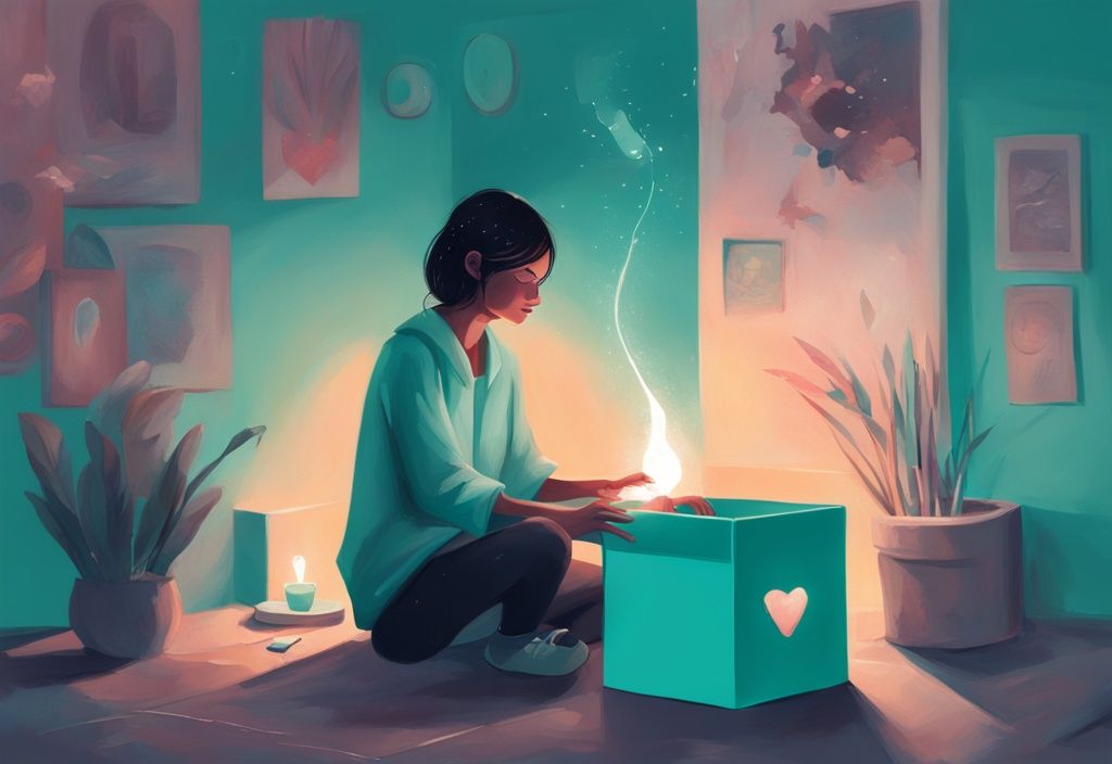 Moderne digitale Illustration einer Person in einer ruhigen Umgebung, die eine Box öffnet, aus der Licht und emotionale Symbole wie Herz, Lächeln und Träne hervorkommen, symbolisiert die Rückkehr der Gefühle nach einem Burnout, Hauptfarbthema ist Türkis.