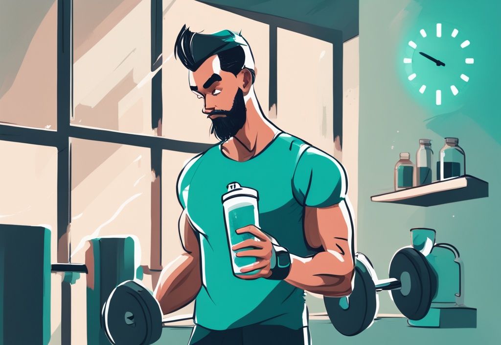 Moderne digitale Malerei, Mann in Sportkleidung hält Proteinshake und schaut auf die Uhr, die anzeigt, dass es nach dem Training ist, Hauptfarbthema ist Türkis