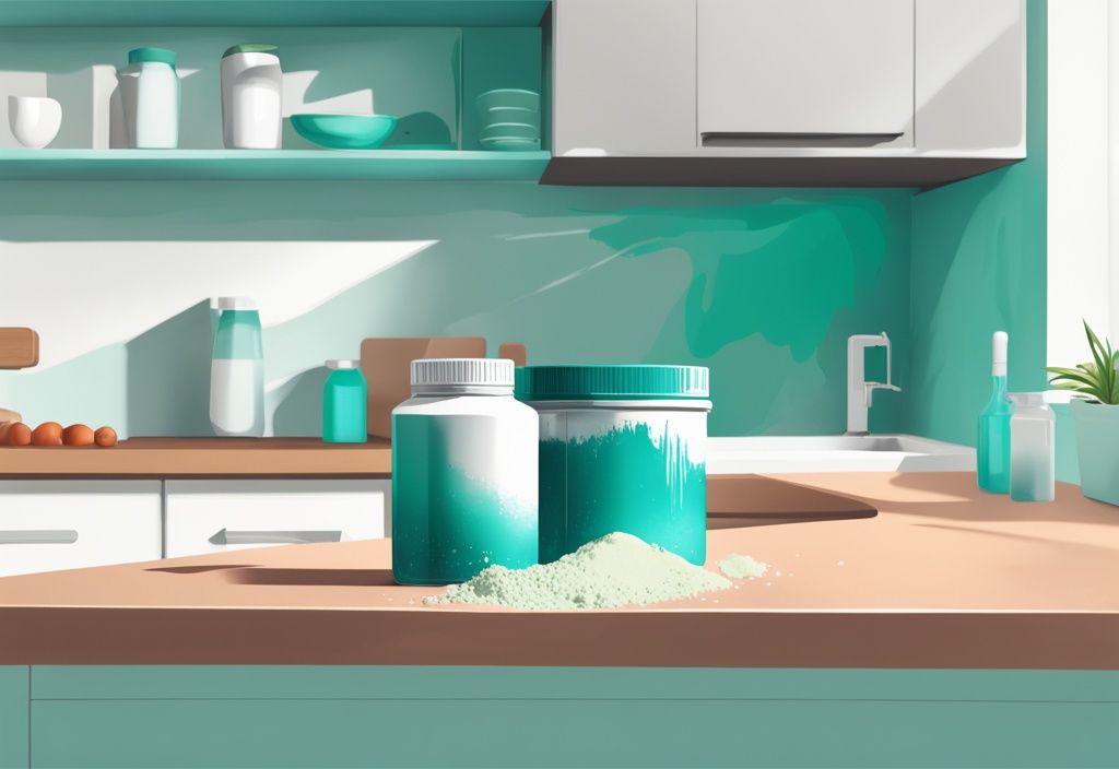 Verdorbener Proteinpulverbehälter auf Küchentheke, geöffnet, mit Klumpen und Verfärbungen, moderne digitale Illustration, Hauptfarbe Teal