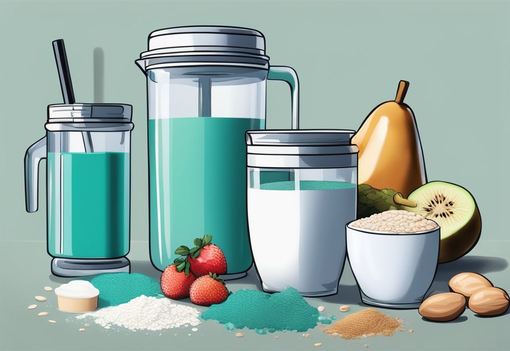 Moderne digitale Illustration in Teal: Proteinpulverbehälter neben einem Mixer, einem Glas frischem Shake und verstreuten Zutaten wie Obst, Hafer und Milch. Keyword: wie macht man einen Protein Shake.