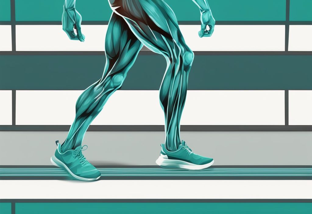 Digitale Illustration von menschlichen Beinen, die spezifische Muskeln in X-Bein-Workouts hervorhebt, Hauptfarbe Teal