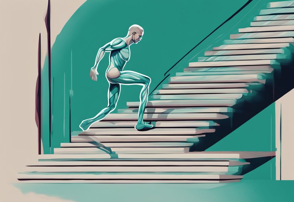 Moderne digitale Illustration einer Person, die Treppen steigt, mit hervorgehobenen Muskeln wie Quadrizeps, Gesäßmuskeln und Waden, in der Hauptfarbe Türkis.