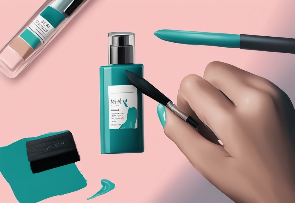 Moderne digitale Malerei mit Mellow Noir Produkt vor Rossmann Filiale, Hand testet Produkt auf Haut, Hauptfarbe Teal