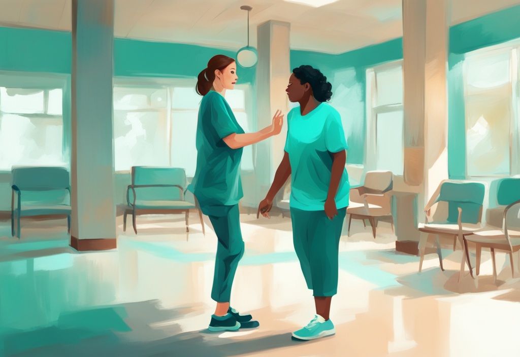 Moderne digitale Malerei-Illustration in Teal-Tönen: Eine Person macht erste Schritte mit Hilfe eines Physiotherapeuten in einem gut beleuchteten Rehabilitationszentrum.