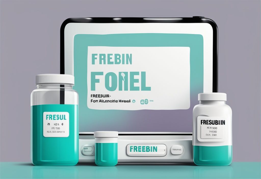 Moderne digitale Malerei mit zwei Nahrungsergänzungsmittel-Flaschen, Fresubin und Fortimel, auf einer Waage, Hauptfarbthema Teal