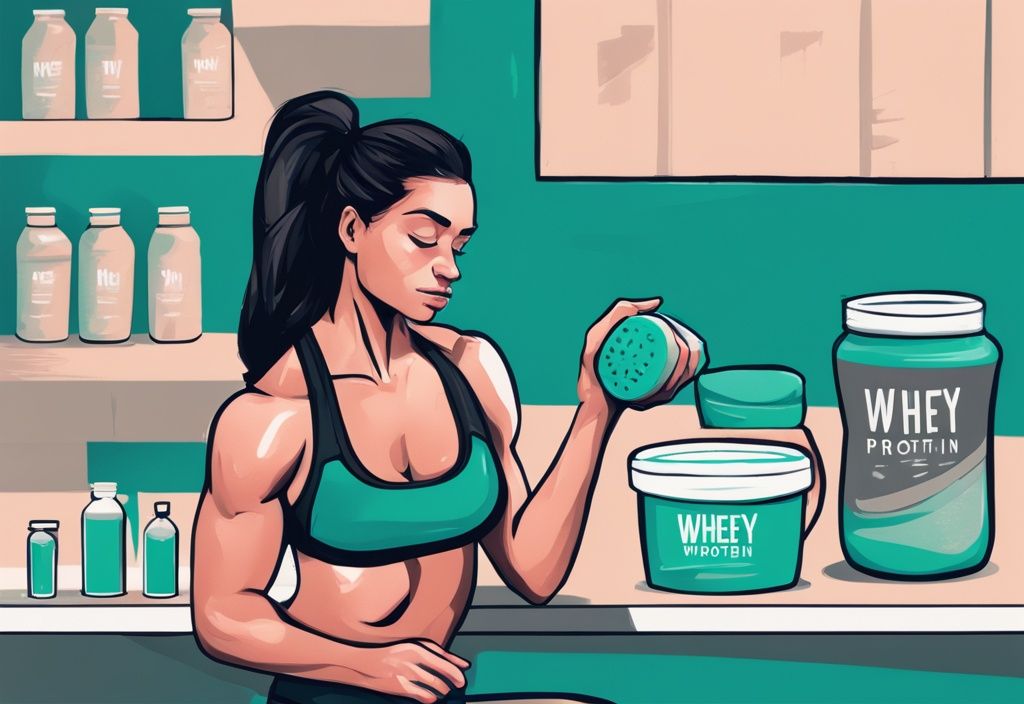 Ein Fitness-Enthusiast, der eine Dose Whey Protein prüft, während eine Waage und eine Hantel daneben liegen, nimmt man von Whey Protein zu.