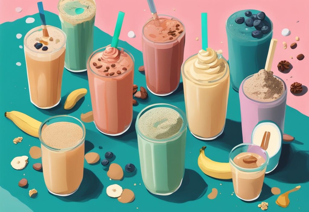 Moderne digitale Malerei mit verschiedenen hochkalorischen Smoothies in verschiedenen Farben und Geschmacksrichtungen, Zutaten wie Proteinpulver, Bananen, Haferflocken und Erdnussbutter, Trinkmahlzeit zum Zunehmen.