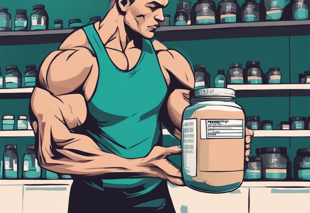 Muskulöse Person hält ein Glas Whey Protein, steht auf einer Waage mit erhöhtem Gewicht, digitale Malerei, Hauptfarbe Teal