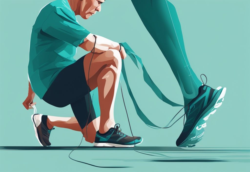 Älterer Läufer mit Fußbandage bindet seinen Schuh, symbolisiert das Laufen mit Arthritis, moderne digitale Illustration in Teal.