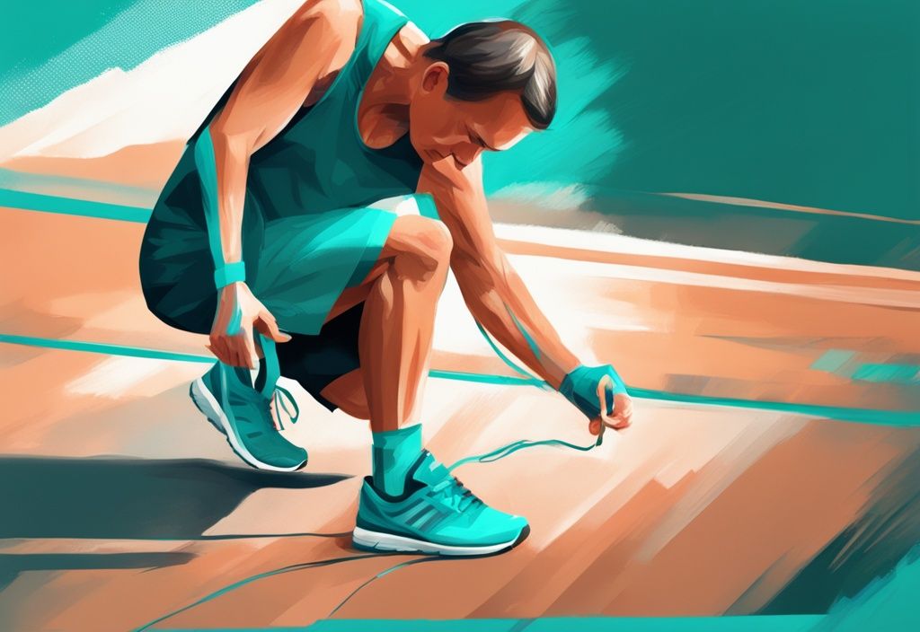 Älterer Läufer bindet seinen Schuh mit sichtbarer Fußstütze, symbolisiert die Herausforderung des Laufens mit Arthritis im Fuß, modernes digitales Gemälde in Teal-Farbtönen