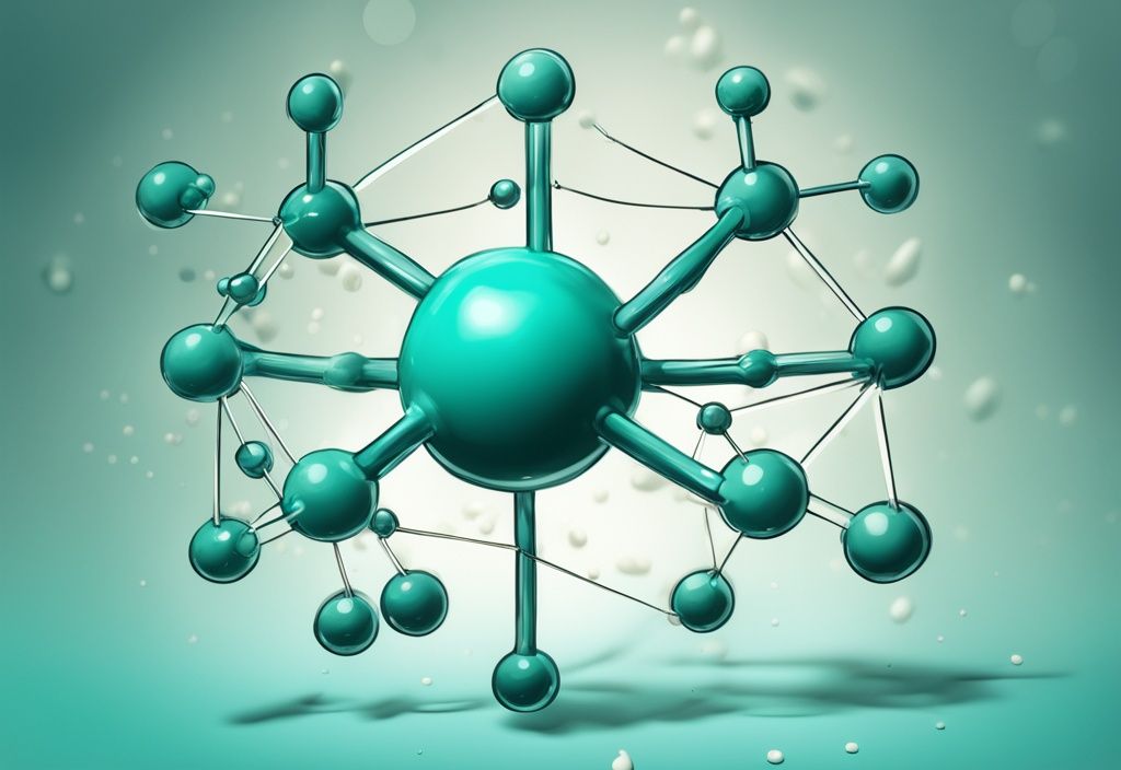 Moderne digitale Malerei mit der molekularen Struktur von mittelbettigen Triglyceriden und Pfeilen, die auf den menschlichen Körper und die mittelbettige Triglyceride Wirkung hinweisen, in der Hauptfarbe Teal.