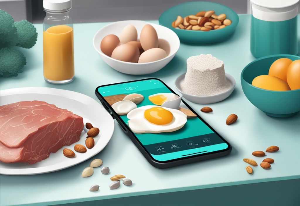 Moderne digitale Illustration mit Protein-reichen Lebensmitteln wie Eiern, Nüssen und magerem Fleisch auf einer modernen Küchentheke, daneben ein Smartphone mit einer Protein-Tracking-App, Hauptfarbthema ist Türkis.