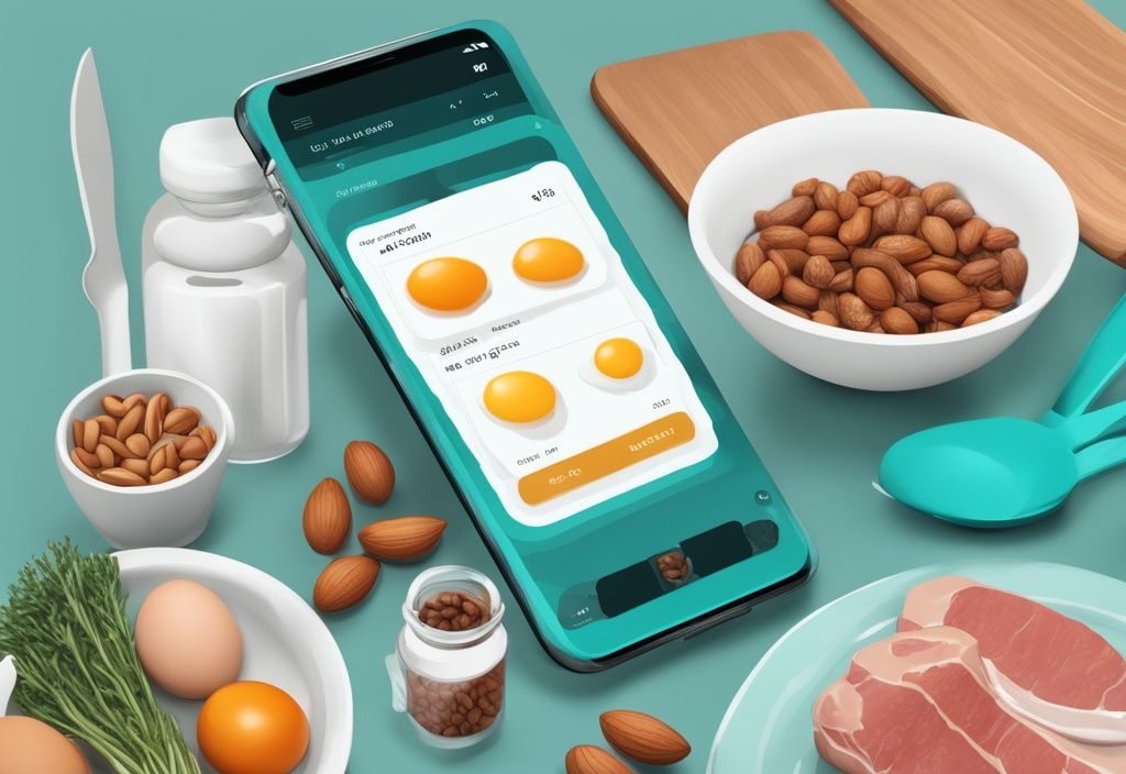 Moderne digitale Illustration mit Protein-reichen Lebensmitteln wie Eiern, Nüssen und magerem Fleisch auf einer modernen Küchenarbeitsplatte, daneben ein Smartphone mit einer Protein-Tracking-App, Hauptfarbthema ist Türkis.