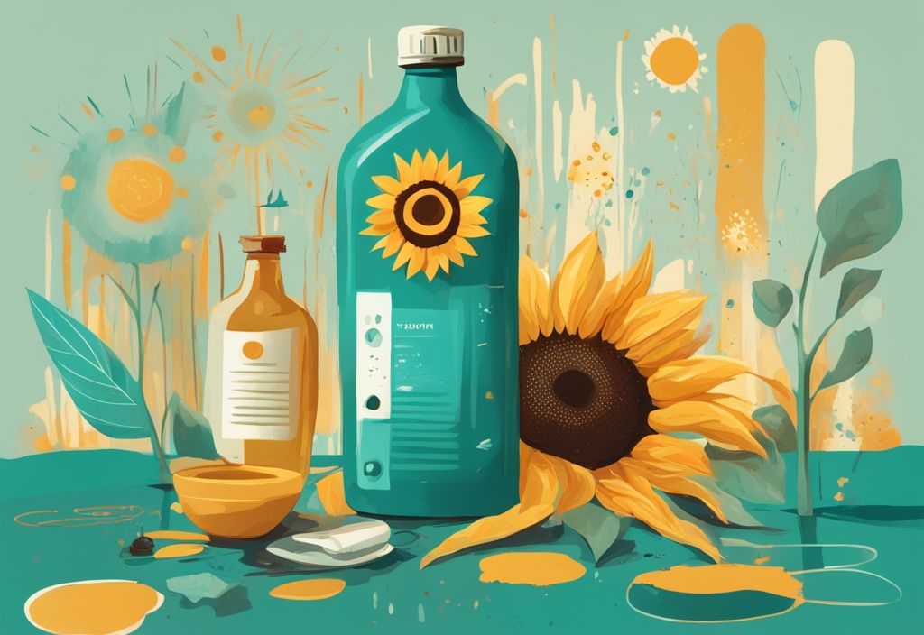 Moderne digitale Malerei mit Sonnenblumenölflasche, strahlender Sonnenblume im Hintergrund und kleinen Entzündungssymbolen, Hauptfarbthema Teal