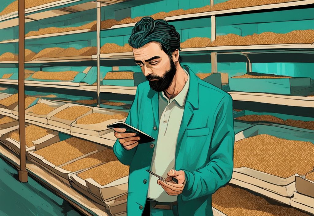 Moderner digitaler Malerei-Illustration in Teal-Farbtönen, Mann untersucht skeptisch eine Handvoll Leinsamen.