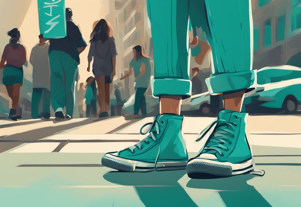 Moderne digitale Malerei mit bequemen, unterstützenden Schuhen auf belebtem Stadtgehweg in Teal-Farben, symbolisiert langes Stehen und viel Gehen.