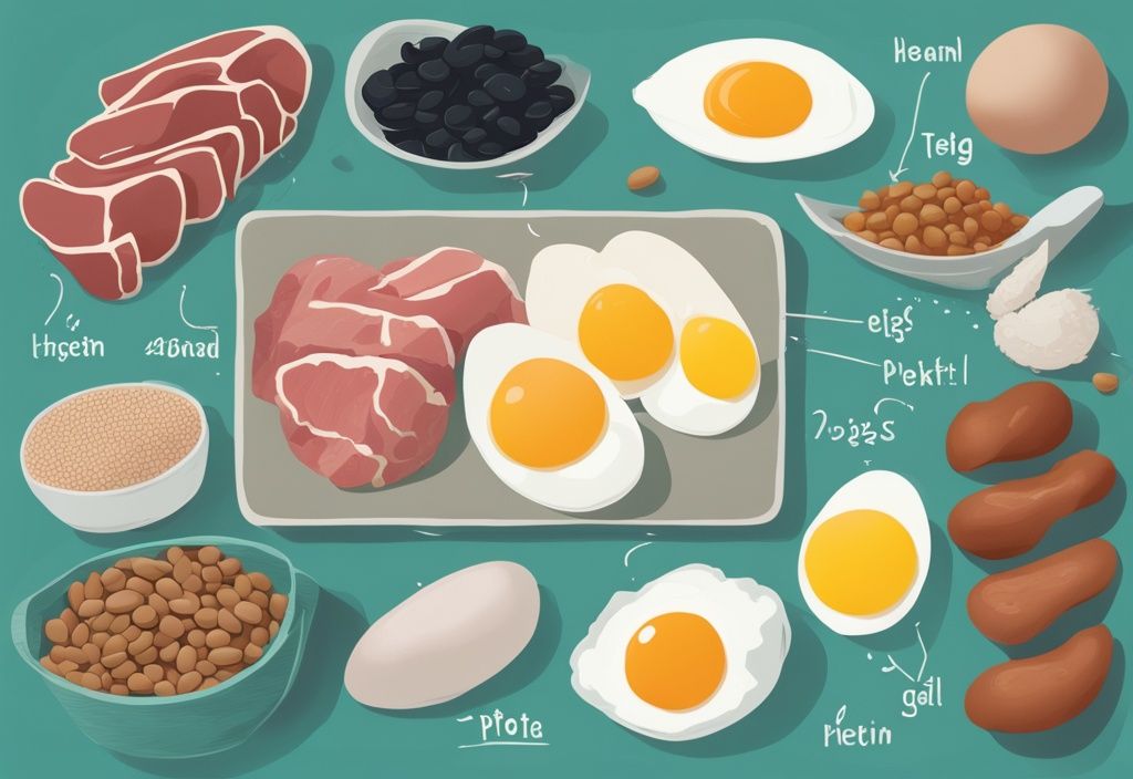 Moderne digitale Illustration von proteinreichen Lebensmitteln wie Eiern, magerem Fleisch und Hülsenfrüchten, mit Proteinangaben, insgesamt 120 Gramm, Farbthema Türkis