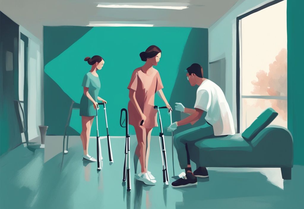 Digitale Illustration einer Person mit Krücken und Beinschiene, die unter Anleitung eines Physiotherapeuten in einem Rehabilitationszentrum vorsichtig geht, Hauptfarbe Teal.