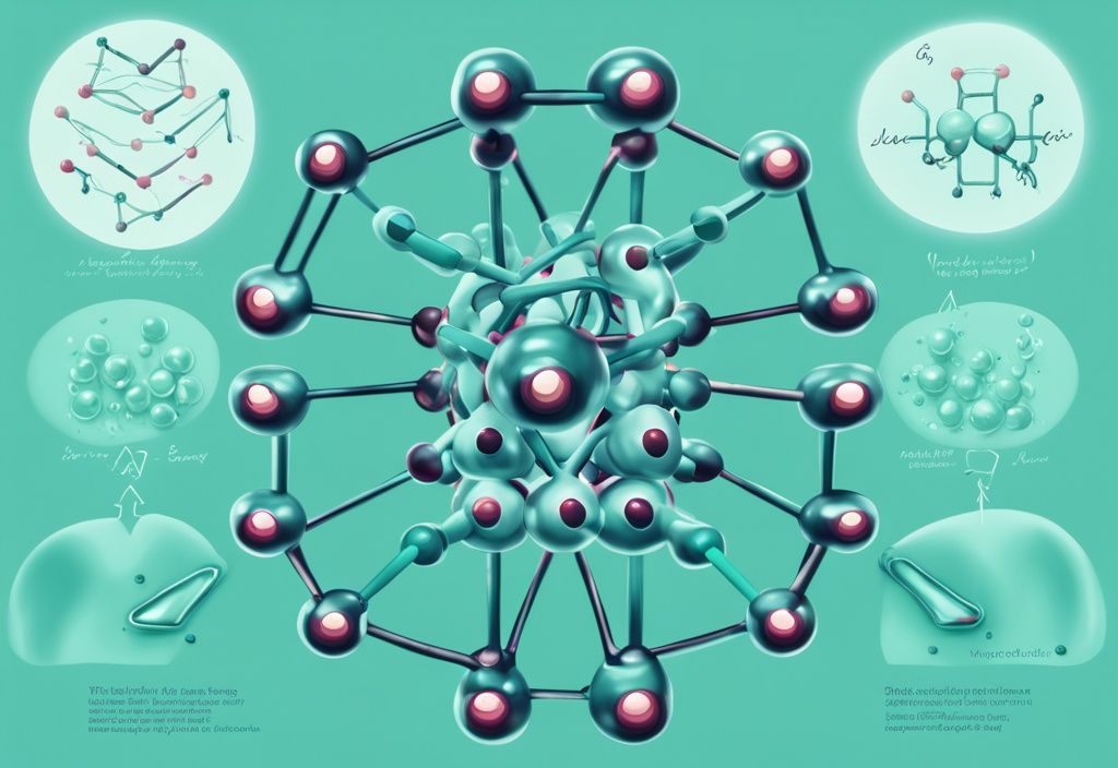 Moderne digitale Malerei mit Molekülstruktur von mittelkettigen Triglyceriden, die positive Effekte wie gesteigerte Energie und Gewichtsverlust beim Menschen zeigt, Hauptfarbe Teal