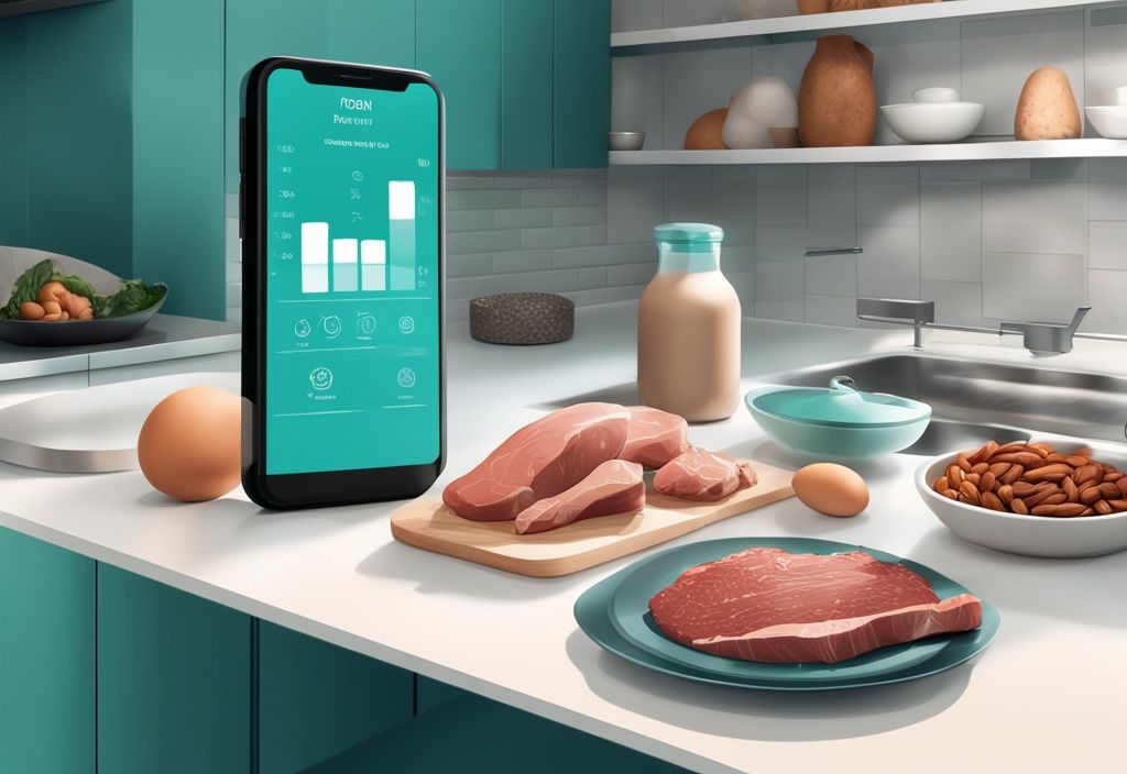 Moderne digitale Illustration in Teal-Tönen mit proteinreichen Lebensmitteln wie Eiern, Nüssen und magerem Fleisch auf einer modernen Küchenarbeitsplatte und einem Smartphone mit einer Protein-Tracking-App - Everydays Smart Protein Erfahrungen.