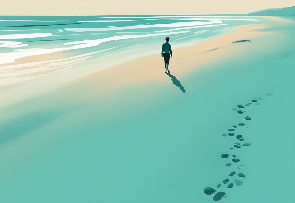 Digitale Illustration in Teal: Person geht am Sandstrand ohne Zehenabdrücke