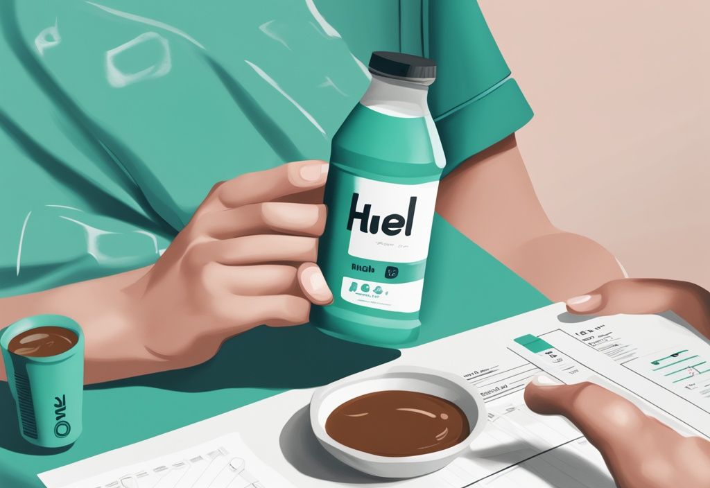 Hand hält Huel Getränkeflasche, mit Mahlzeitenersatzriegel und Testergebnisblatt im Hintergrund, moderne digitale Malerei, Hauptfarbe Teal