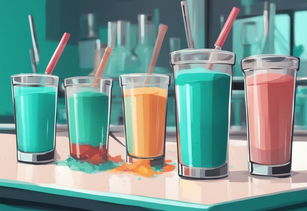 Abnehmshakes Test: Verschiedene Geschmacksrichtungen von Abnehmshakes mit Maßband, Glas und Mixer im Hintergrund, modernes digitales Gemälde in Teal.