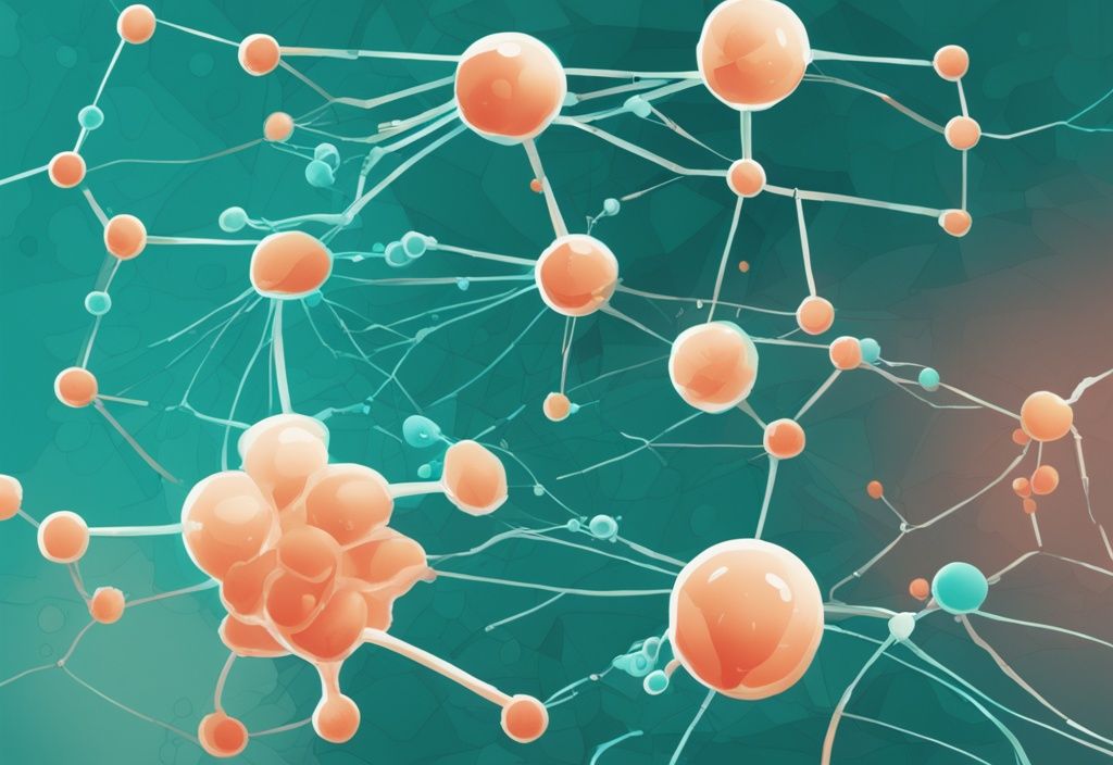 Moderne digitale Malerei mit Teal-Farbschema, die verschiedene Aminosäuren und ihre Verbindung zu Histamin bei Histaminintoleranz darstellt.