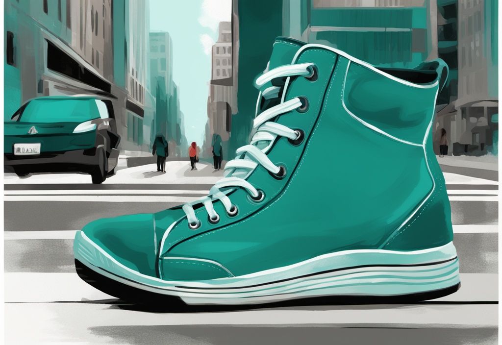 Moderne digitale Malerei mit bequemen, unterstützenden Schuhen auf einem belebten Stadtbürgersteig in der Hauptfarbe Teal, symbolisiert langes Stehen und viel Gehen.