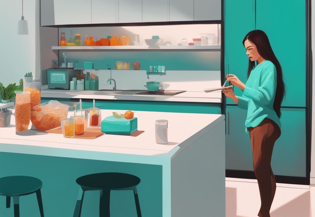 Moderne digitale Illustration mit YFood Getränk-Mahlzeitprodukten auf einer eleganten Küchenarbeitsplatte, Person im Hintergrund beim Geschmackstest, Hauptfarbton Teal.