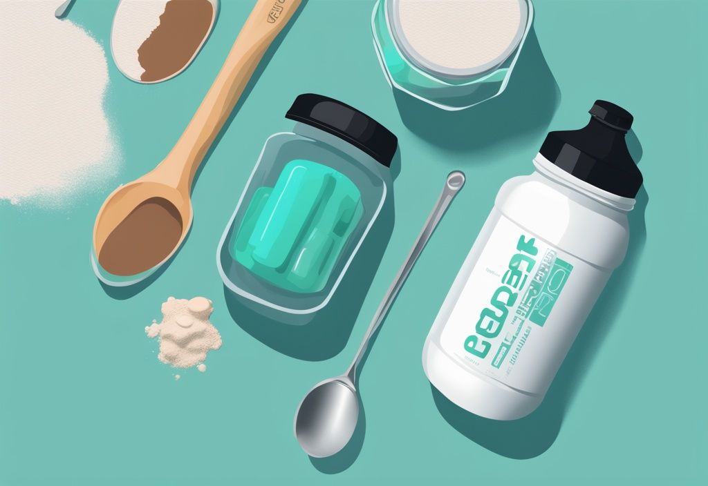 Top-Down-Ansicht eines Glases mit Kreatin- und Proteinpulver-Mischung, neben einem Messlöffel mit jedem Supplement und einer Shakerflasche auf einer Gymnastikmatte, moderne digitale Illustration in Teal.