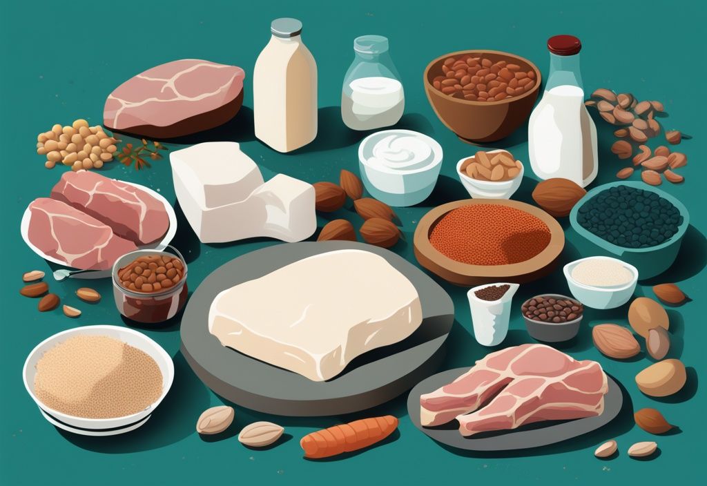 Moderne digitale Illustration mit dem Hauptfarbthema Teal, die verschiedene proteinreiche Lebensmittel wie mageres Fleisch, Milchprodukte, Hülsenfrüchte und Nüsse zeigt, mit Beschriftungen, die den Proteingehalt angeben, insgesamt 120 Gramm, passend zur Suchanfrage "wie komme ich auf 120 g Eiweiß pro Tag".