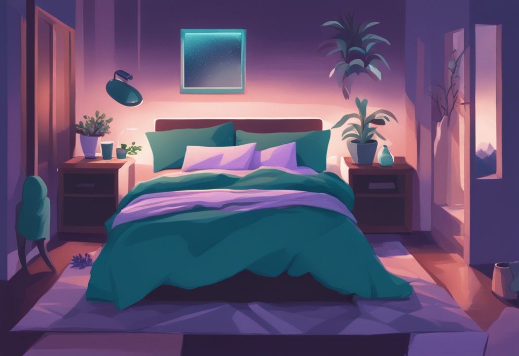 Moderne digitale Illustration eines ruhigen Schlafzimmers bei Nacht mit einer Person, die friedlich auf einem bequemen Bett schläft, umgeben von einem Schlafmaske, einem Weißrauschgerät und einer Lavendelpflanze zur Verbesserung des REM-Schlafs.