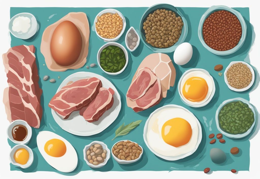 Moderne digitale Illustration von proteinreichen Lebensmitteln wie Eiern, magerem Fleisch und Hülsenfrüchten mit Proteinangabe, insgesamt 120 Gramm, Hauptfarbe Türkis