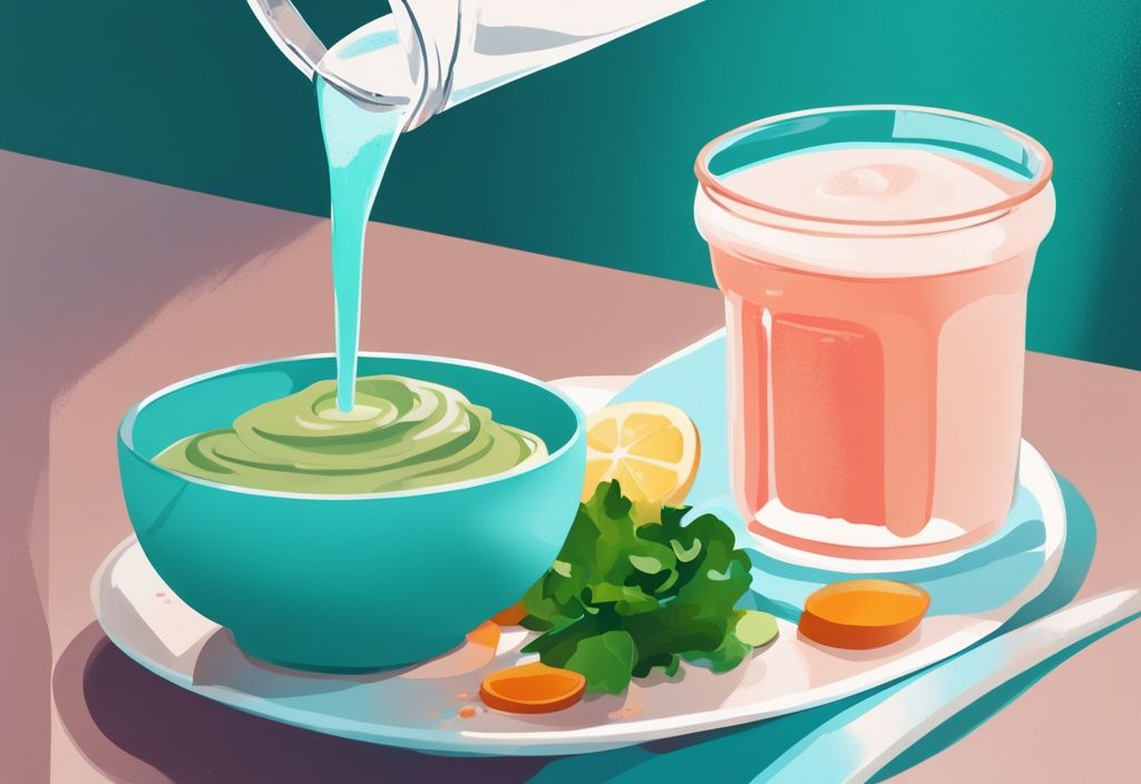 Moderne digitale Illustration in Teal: Proteinpulver mit wenig Kalorien wird in ein Glas Wasser gegossen, im Hintergrund ein gesunder Salat und Hanteln.