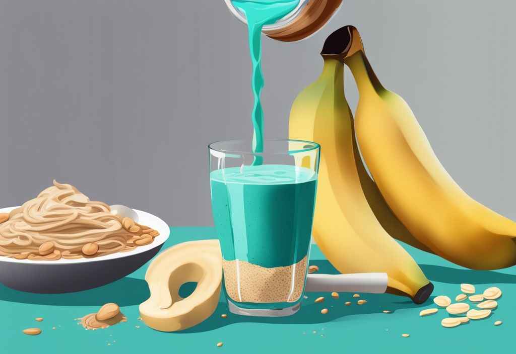 Moderne digitale Illustration eines hochkalorischen Smoothies mit Zutaten wie Bananen, Erdnussbutter, Haferflocken und Proteinpulver, der in ein Glas gegossen wird, in der Hauptfarbe Türkis, symbolisiert eine Mahlzeit zum Zunehmen.