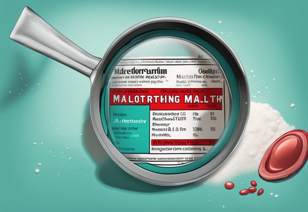 Moderne digitale Illustration in Türkis: Lupe vergrößert ein Lebensmitteletikett und hebt den Inhaltsstoff Maltodextrin hervor, mit einem roten Warnzeichen daneben. Keyword: ist Maltodextrin schädlich.