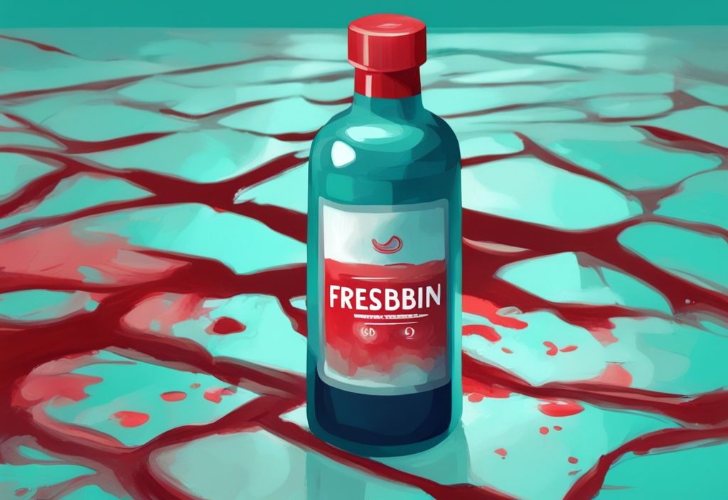 Moderner digitaler Gemäldeillustration in Teal-Farben, eine Flasche Fresubin mit einem großen roten Warnschild daneben, Fresubin gefährlich.