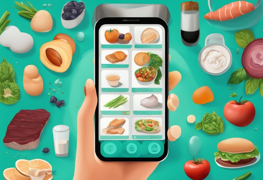 Moderne digitale Malerei mit proteinreichen Lebensmitteln um ein Smartphone mit Ernährungs-App, Hauptfarbton: Türkis.