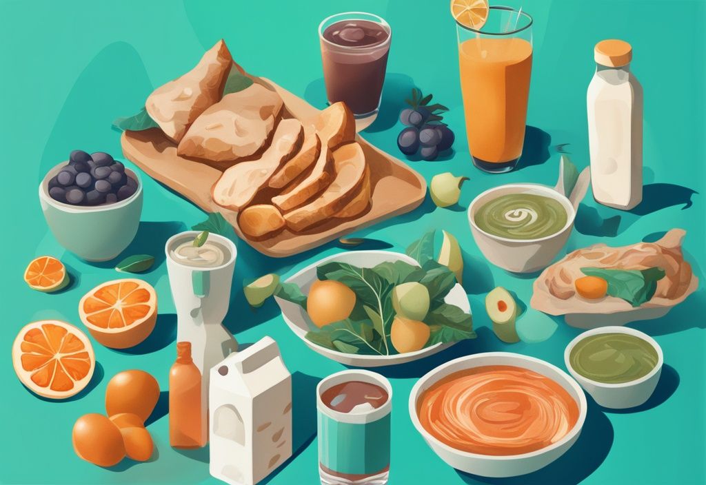 Moderne digitale Illustration mit gesunden Lebensmitteln und Getränken in Teal-Farbtönen, YFood Produkt prominent dargestellt.